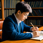 A focused, professional composer, depicted as a young adult, fully clothed in a modest, smart casual outfit, sitting at a classic wooden desk. The desk is adorned with open, aged music theory textbooks on harmony and counterpoint, alongside handwritten musical scores. In the background, shelves are filled with diverse music literature, creating an intellectual and studious atmosphere. Subtle elements of modern technology, like a sleek tablet displaying a digital score, blend harmoniously with the traditional setting. The lighting is soft and warm, highlighting the composer's concentration. The image should feature perfect anatomy, correct proportions, natural pose, well-formed hands, and proper finger count. This is a professional, high-quality photograph, safe for work, appropriate content, and family-friendly.