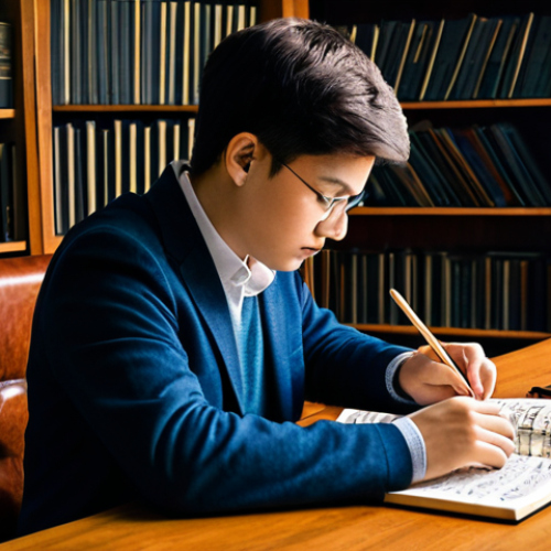 Home 14 A focused, professional composer, depicted as a young adult, fully clothed in a modest, smart casual outfit, sitting at a classic wooden desk. The desk is adorned with open, aged music theory textbooks on harmony and counterpoint, alongside handwritten musical scores. In the background, shelves are filled with diverse music literature, creating an intellectual and studious atmosphere. Subtle elements of modern technology, like a sleek tablet displaying a digital score, blend harmoniously with the traditional setting. The lighting is soft and warm, highlighting the composer's concentration. The image should feature perfect anatomy, correct proportions, natural pose, well-formed hands, and proper finger count. This is a professional, high-quality photograph, safe for work, appropriate content, and family-friendly.
