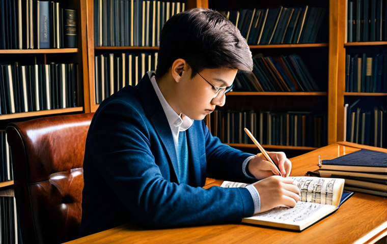 A focused, professional composer, depicted as a young adult, fully clothed in a modest, smart casual outfit, sitting at a classic wooden desk. The desk is adorned with open, aged music theory textbooks on harmony and counterpoint, alongside handwritten musical scores. In the background, shelves are filled with diverse music literature, creating an intellectual and studious atmosphere. Subtle elements of modern technology, like a sleek tablet displaying a digital score, blend harmoniously with the traditional setting. The lighting is soft and warm, highlighting the composer's concentration. The image should feature perfect anatomy, correct proportions, natural pose, well-formed hands, and proper finger count. This is a professional, high-quality photograph, safe for work, appropriate content, and family-friendly.