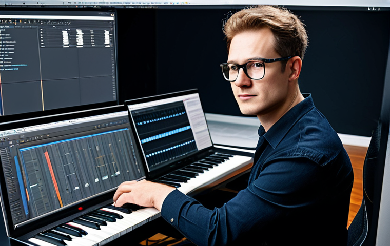 작곡가 자격증과 이직 성공 사례 - Confident Composer**
Prompt: Professional music composer, fully clothed, in a modern studio, workin...