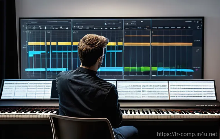 작곡가 자격증으로 창업하기 - **Prompt 1: The Entrepreneurial Composer's Studio**
"A modern, well-lit music studio with a male...