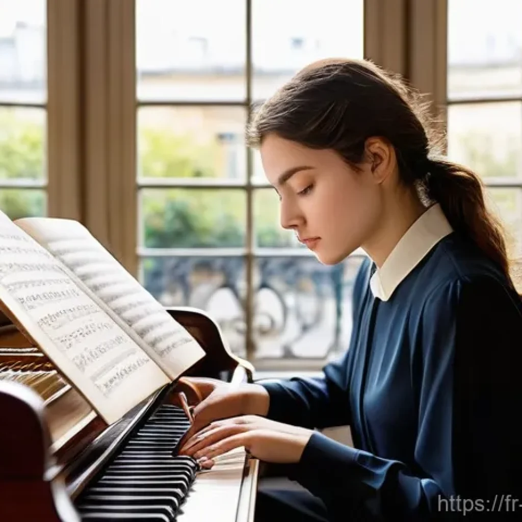 작곡가 자격증 시험 일정 - **Prompt:** A focused young female composer, approximately 20-25 years old, diligently working on a ...