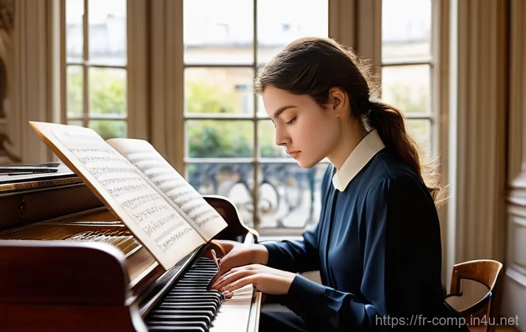 작곡가 자격증 시험 일정 - **Prompt:** A focused young female composer, approximately 20-25 years old, diligently working on a ...