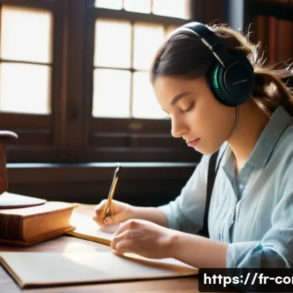 작곡가 자격증 난이도 분석 - A young female composer, dressed in smart casual attire including a modest blouse and trousers, sits...