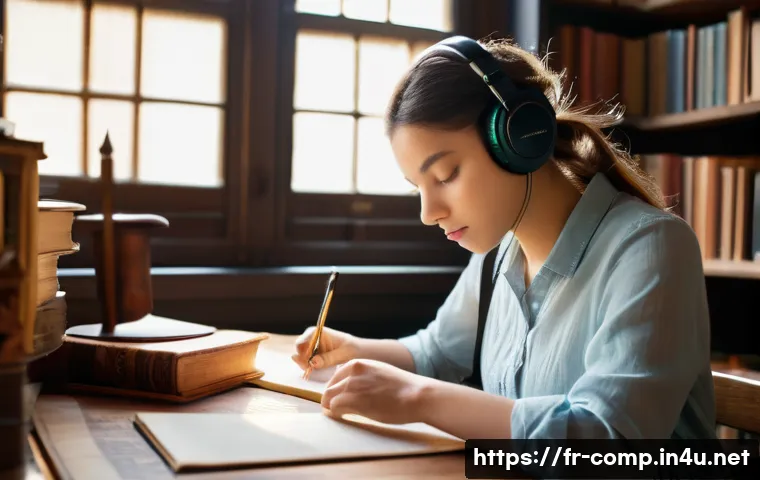 작곡가 자격증 난이도 분석 - A young female composer, dressed in smart casual attire including a modest blouse and trousers, sits...