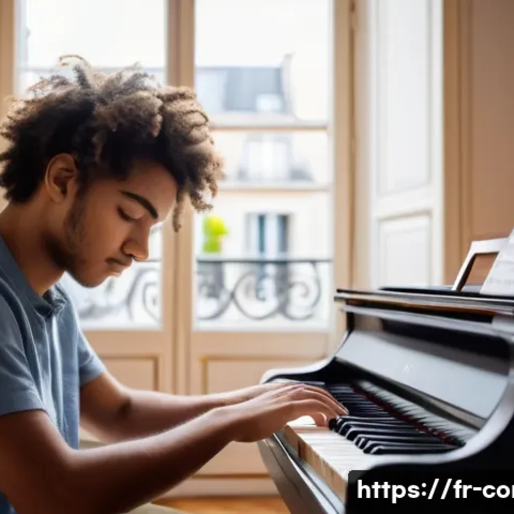 작곡가 자격증과 관련된 국내 협회 - A focused young adult French music student sitting at a wooden desk in a cozy Parisian apartment, su...