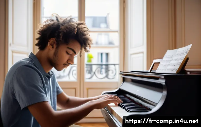 작곡가 자격증과 관련된 국내 협회 - A focused young adult French music student sitting at a wooden desk in a cozy Parisian apartment, su...