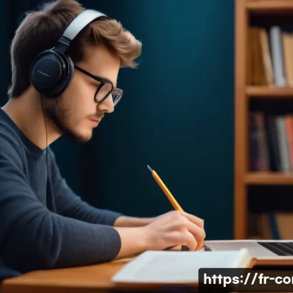 작곡가 자격증과 독학 성공 사례 - A cozy home study scene featuring a young adult French musician sitting at a wooden desk with a lapt...