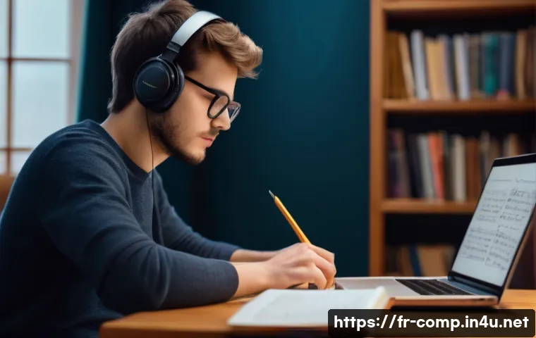 작곡가 자격증과 독학 성공 사례 - A cozy home study scene featuring a young adult French musician sitting at a wooden desk with a lapt...