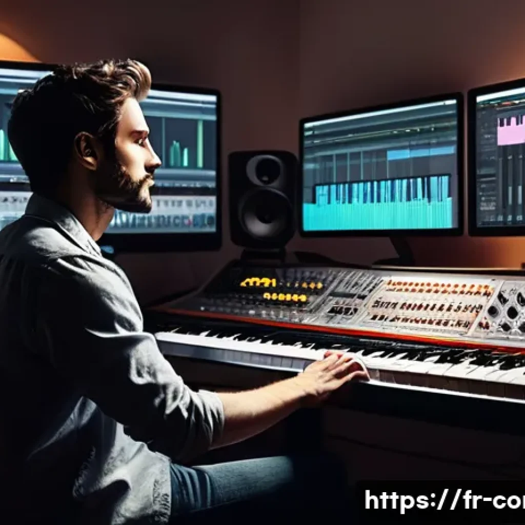 작곡가 자격증과 광고 음악 시장 - A modern creative studio scene featuring a French music composer working intensely on a sleek digita...