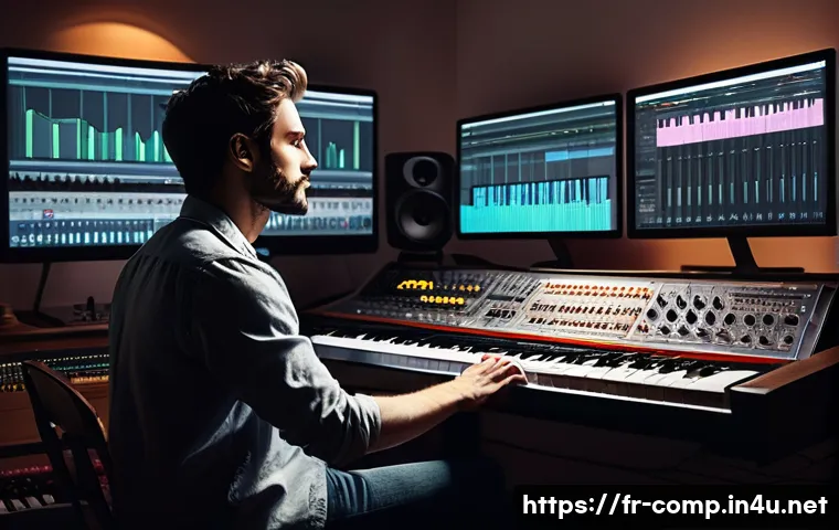 작곡가 자격증과 광고 음악 시장 - A modern creative studio scene featuring a French music composer working intensely on a sleek digita...