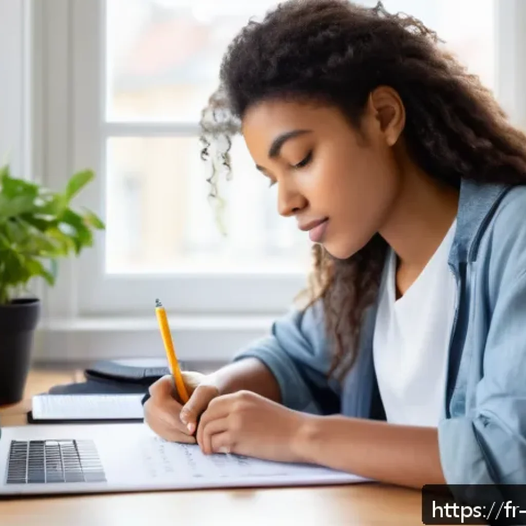 작곡가 자격증 시험 준비 시간 관리 - A bright, modern home office scene showing a young adult woman sitting at a tidy desk near a large w...