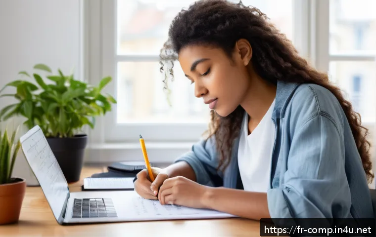 작곡가 자격증 시험 준비 시간 관리 - A bright, modern home office scene showing a young adult woman sitting at a tidy desk near a large w...