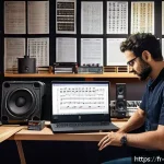 Home 22 작곡가 자격증으로 레이블 설립하기 - A professional French composer working diligently at a modern home studio desk filled with music she...