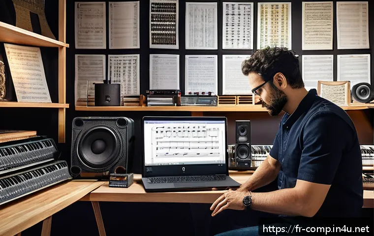 작곡가 자격증으로 레이블 설립하기 - A professional French composer working diligently at a modern home studio desk filled with music she...