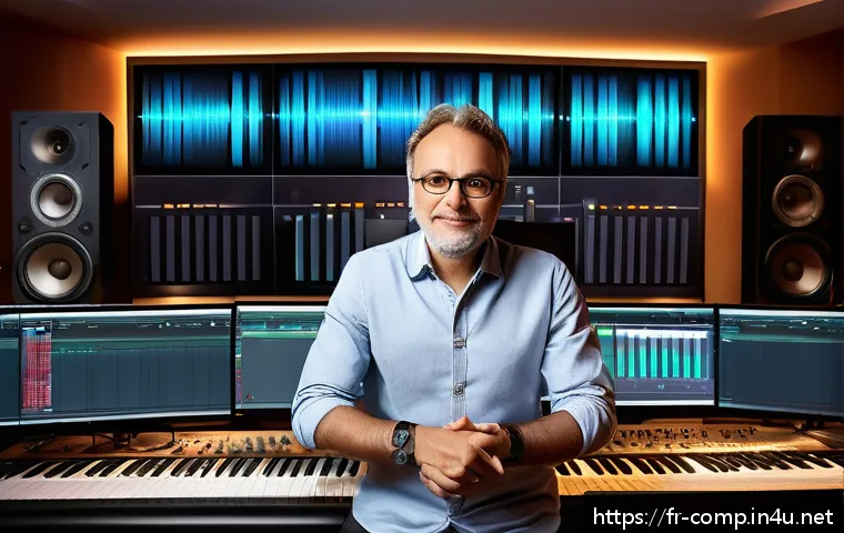 작곡가 자격증과 DJ 활동 - A professional music composer in a modern recording studio, surrounded by high-end audio equipment a...
