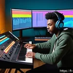 Home 23 작곡가 자격증과 음악 평론 - A modern music composition studio scene featuring a young adult musician wearing casual clothes and ...
