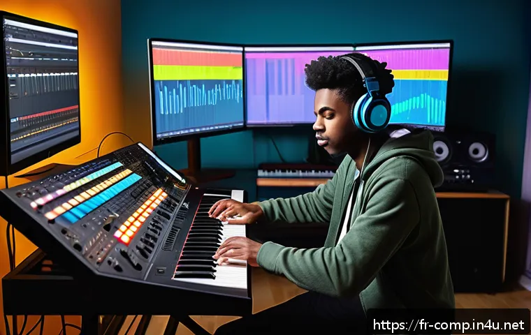 작곡가 자격증과 음악 평론 - A modern music composition studio scene featuring a young adult musician wearing casual clothes and ...